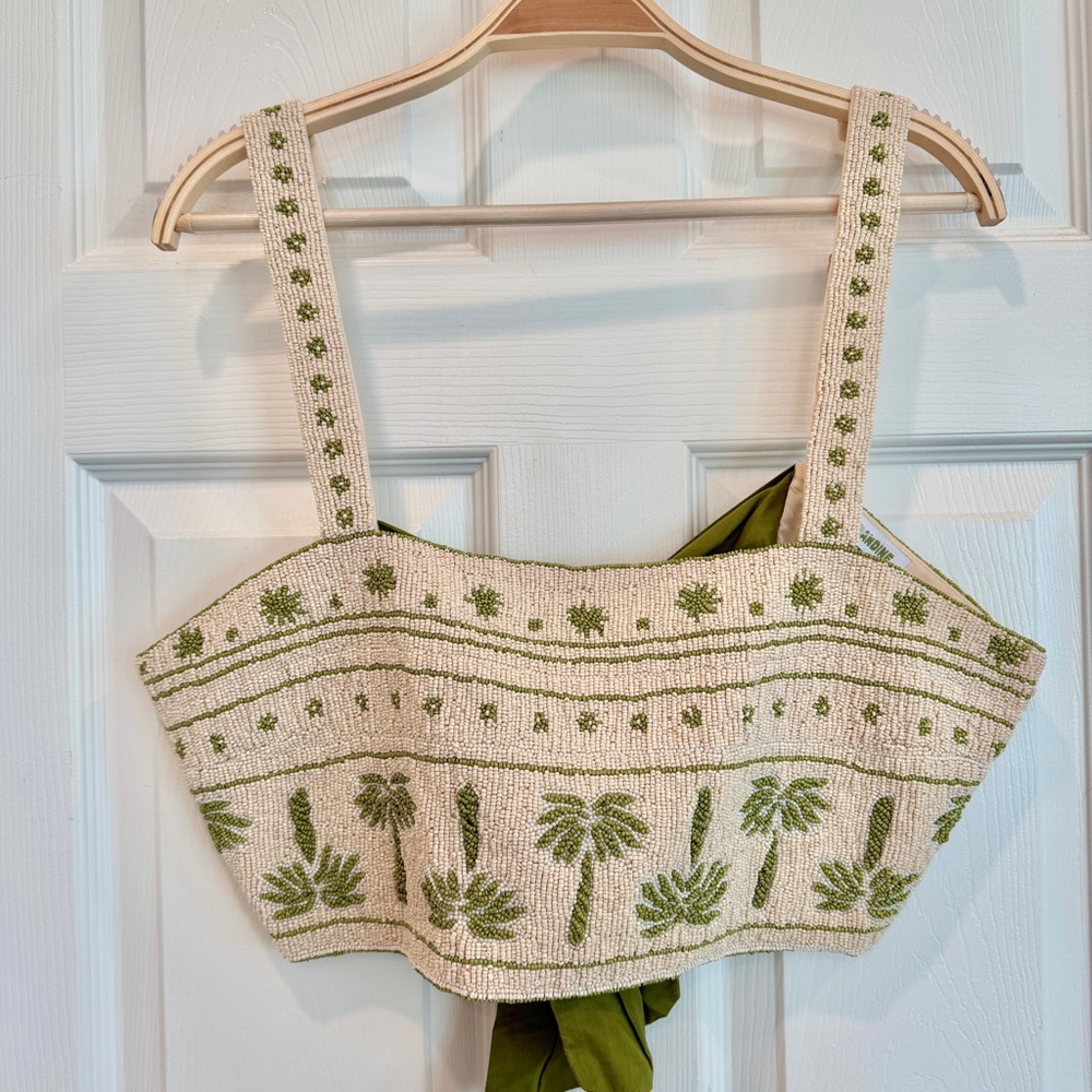 🌴 Anthropologie Celandine Beaded Palm Tree Cami Crop Top Green Beige Seed Beads